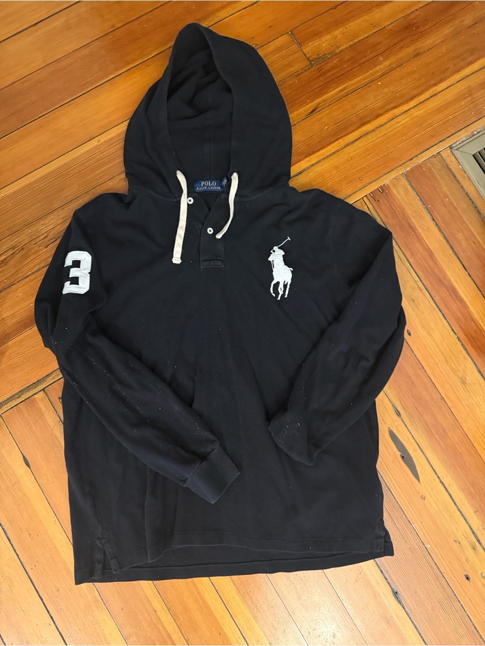 Polo by Ralph Lauren Black Hooded Long-Sleeve hoodie. Big pony and 3 patch
